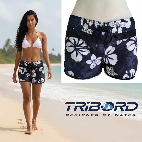 NWT Tribord Black & White Floral Hawaiian Print Board Shorts Surfing Size 24/25 - Picture 1 of 16